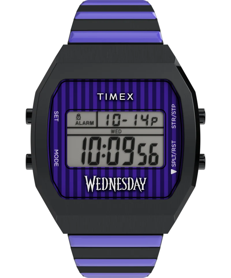 Timex x Wednesday T80 36mm Stainless Steel Black and Purple Expansion Band Watch