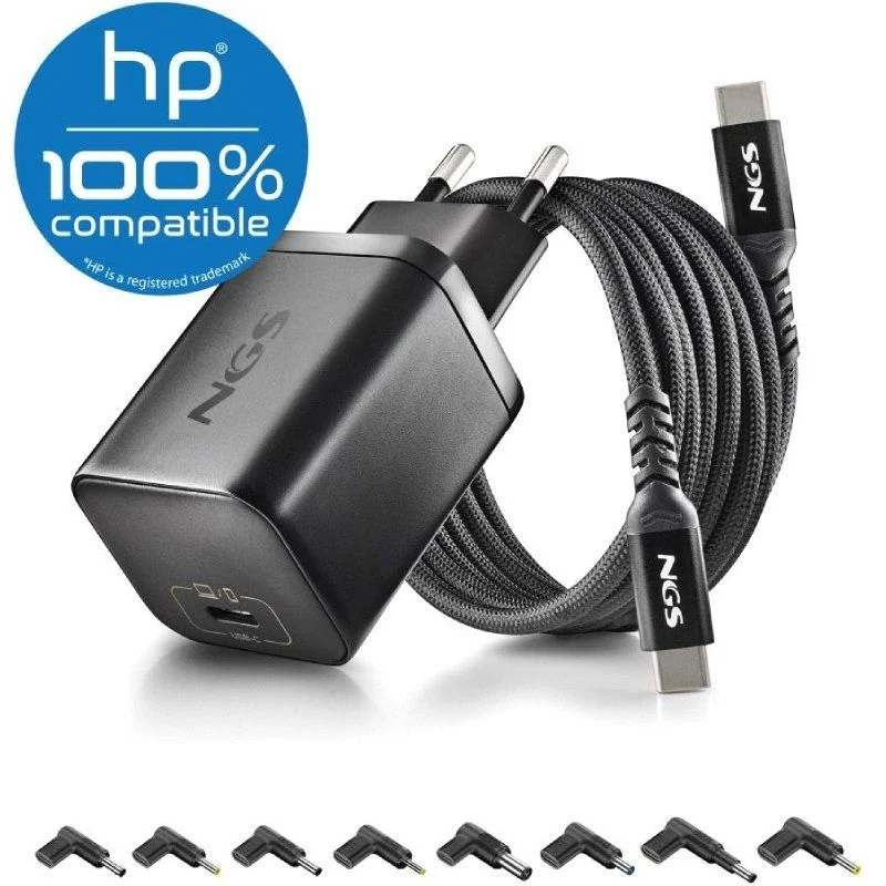 Cargador NGS BUD65W-H GaN 65W USB-C con 5 adaptadores HP