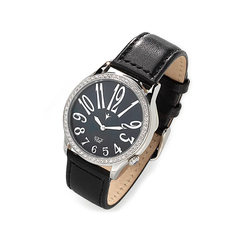 Reloj SALPER con correa de piel negra y carátula acero