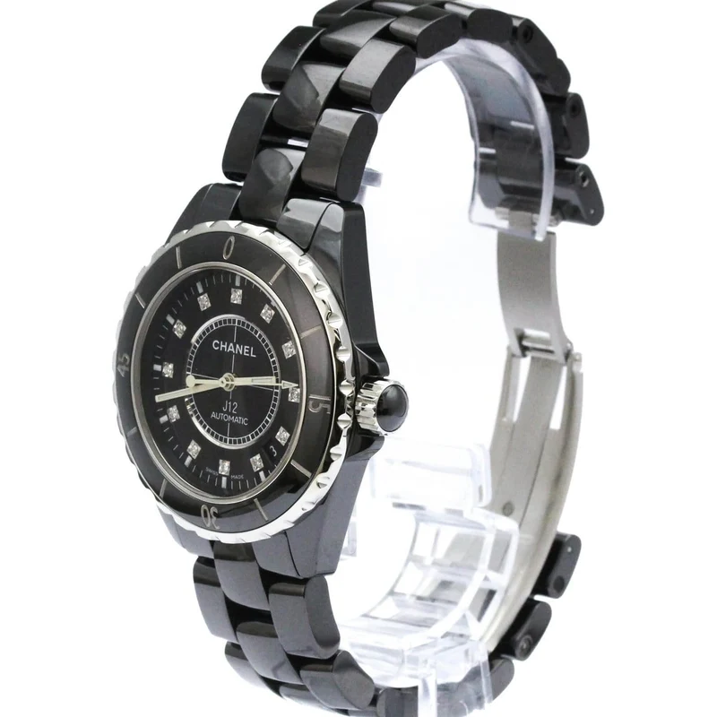 Chanel J12 - Automatic watch in black ceramic and steel, diamond hour markers