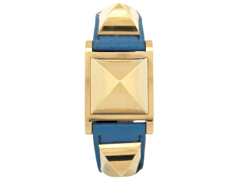 vintage HERMES Medor PM 27mm gold-plated blue epsom leather quartz watch