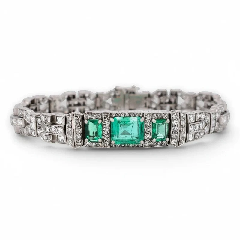 Art Deco - Bracelet in platinum, Colombian emeralds and 7 ct diamonds