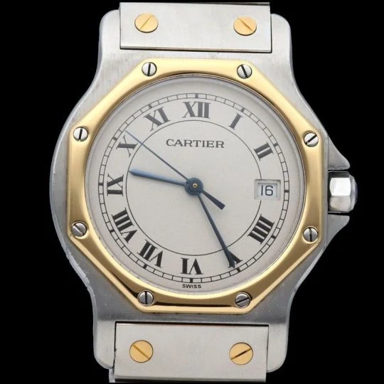 Cartier Santos - Octagonal round watch in 18K yellow gold and steel